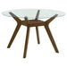 CoasterEveryday Paxton round 48-inch glass top wood dining table in brown with sturdy wooden legs and clear glass surface.