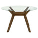 CoasterEveryday Paxton round 48-inch glass top wood dining table in brown with sturdy wood base and clear glass surface.