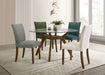 Round brown wood dining table with glass top, 48-inch CoasterEveryday Paxton furniture piece in a modern dining room setting.