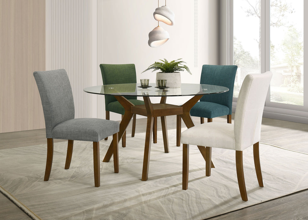 Round brown wood dining table with glass top, 48-inch CoasterEveryday Paxton furniture piece in a modern dining room setting.