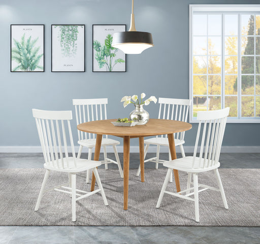 Andrews 5-piece round dining table set by CoasterEveryday with light ash finish and white accents, showing the table and chairs.