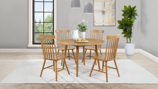 CoasterEveryday Andrews 5-piece round wood dining table set in light ash with matching chairs and table for a modern dining room.