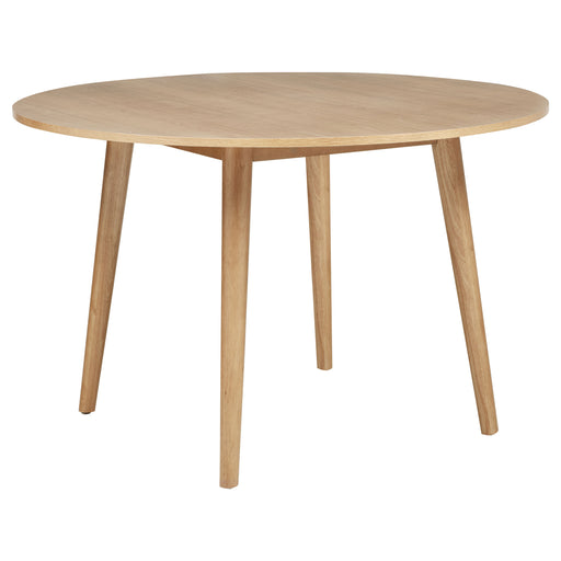 CoasterEveryday Andrews 48-inch round wood dining table in light ash finish, showcasing smooth circular tabletop and sturdy wooden legs.