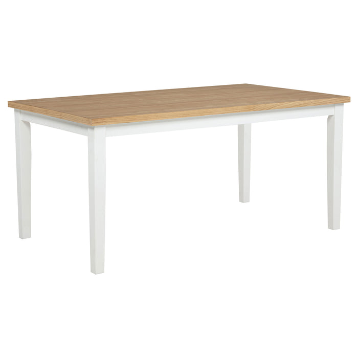 Andrews 7-piece rectangular dining set by CoasterEveryday featuring light ash wood finish and white table and chair upholstery.