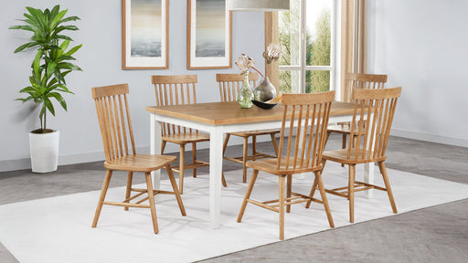 Andrews 7-piece rectangular dining set by CoasterEveryday with light ash and white finish, includes table and six matching chairs.