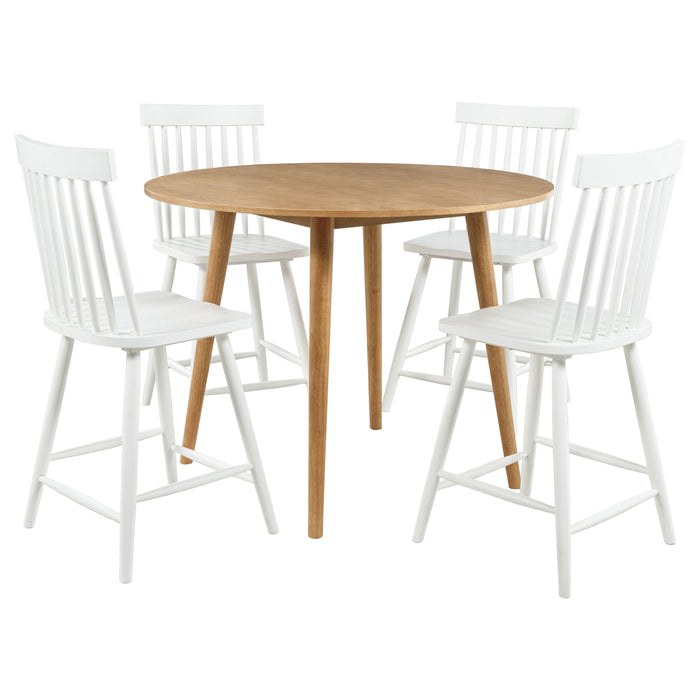 Andrews 5-piece round counter dining set with light ash and white finish, featuring four chairs and a round table.