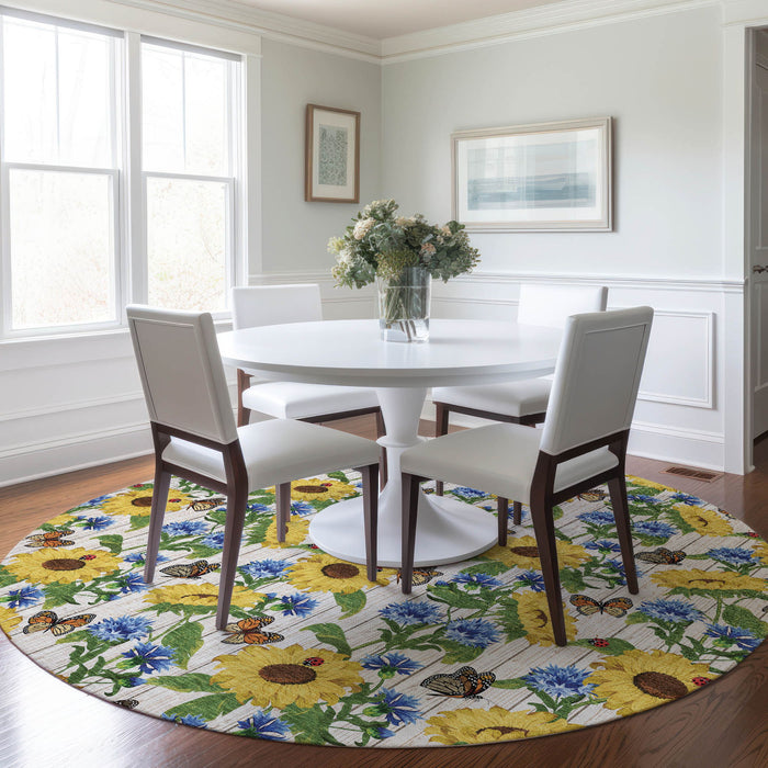 8' Cottage Geometric Washable Round Rug With UV Protection - Yellow