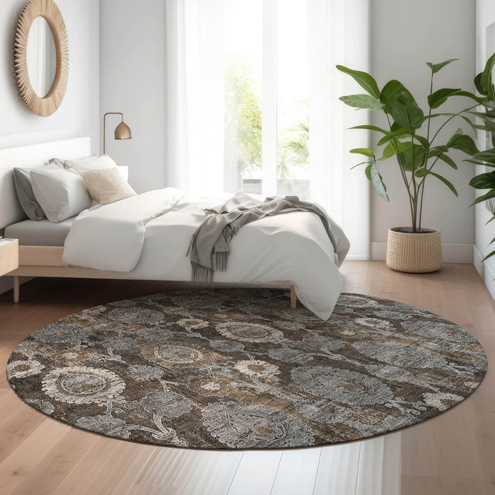 8' Damask Washable Round Rug With UV Protection - Chocolate