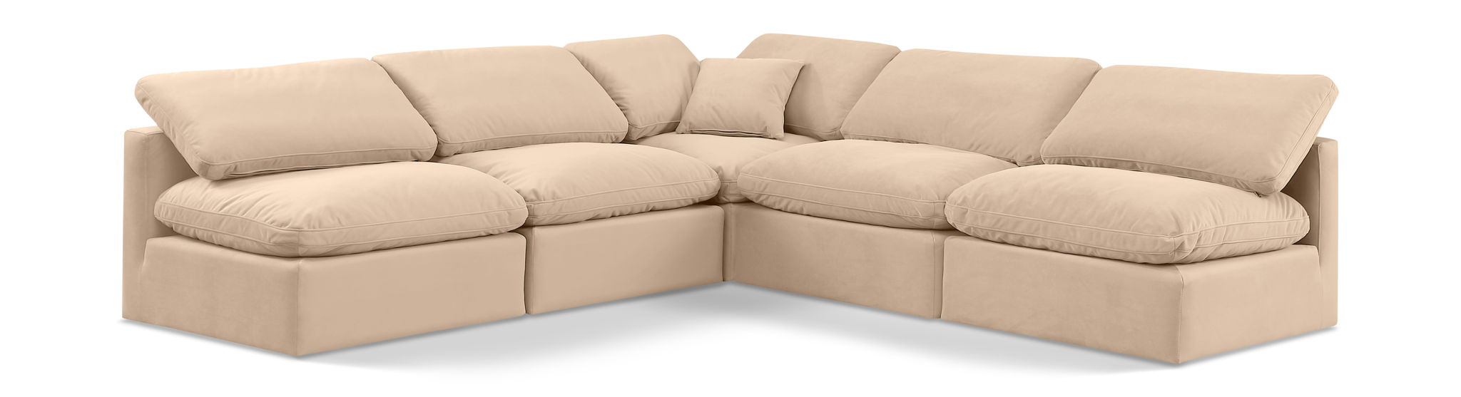 Velvet Meridian Furniture Indulge 5-piece modular corner armless sectional sofa with plush cushions, in a modern stationary design.