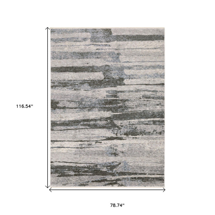 7' X 10' Abstract Area Rug With Fringe - Gray And Ivory