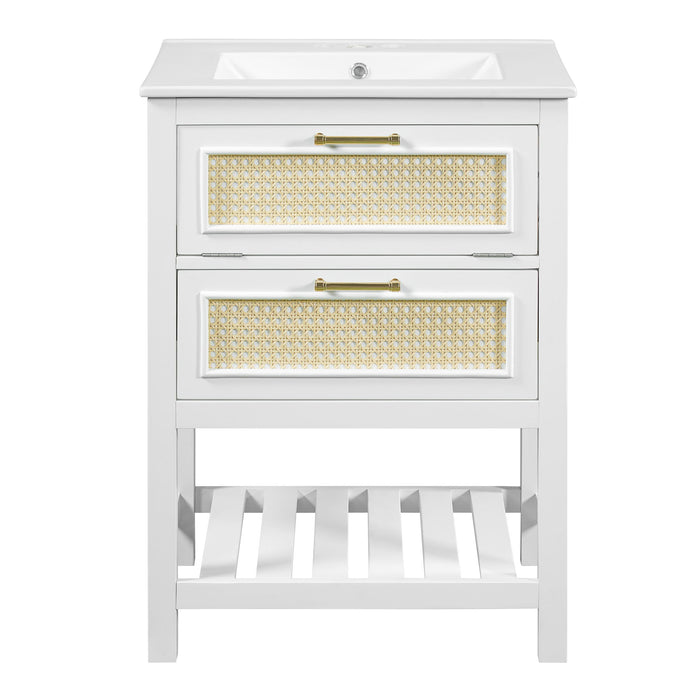 Giga modern bathroom vanity with integrated sink, featuring a cabinet with one deep drawer and one tip-out drawer, sleek and functional.