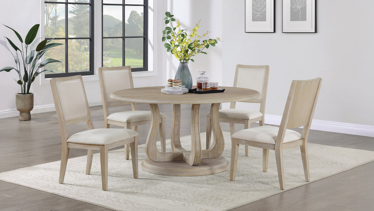 White washed Trofello 5-piece farmhouse round pedestal dining set featuring a table and four matching chairs with curved backs.