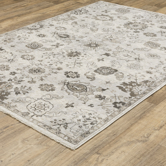 10' X 13' Oriental Area Rug With Fringe - Ivory And Gray