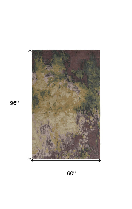 5' x 8' Wool Abstract Tufted Handmade Stain Resistant Area Rug - Gold Purple And Green