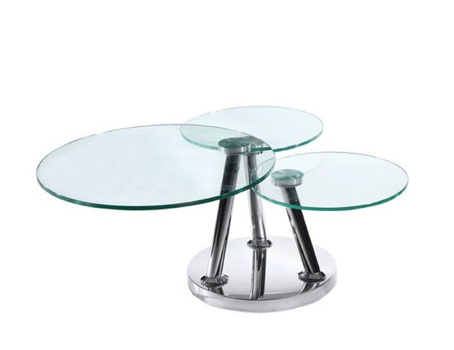 HomeRoots 32-inch round glass and metal floor coffee table with clear glass top and silver metal frame.
