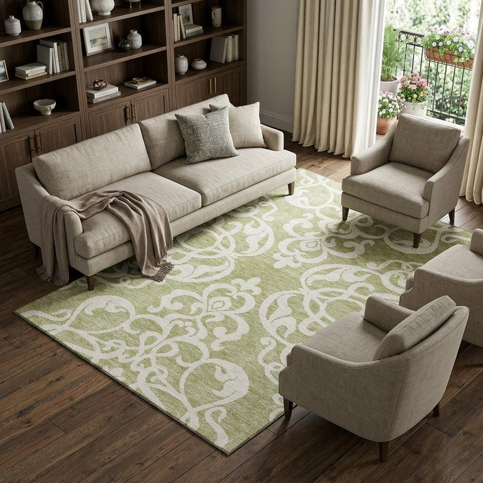 10' X 14' Damask Washable Area Rug With UV Protection (676890) - Artichoke Green / Ivory