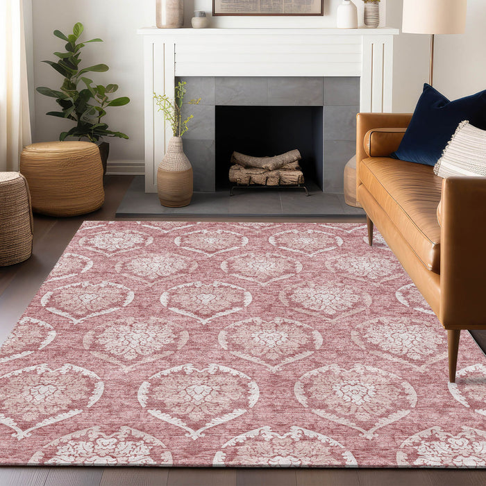 9' X 12' Medallion Washable Area Rug With UV Protection - Pink And Ivory