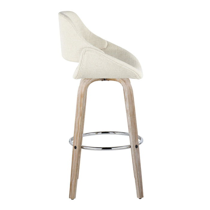Fabrizzi - 30" Fixed-Height Barstool With Swivel And Round Chrome Metal Footrest (Set of 2) - White Washed Wood And Cream Noise Fabric
