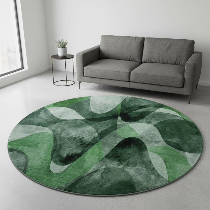 8' Abstract Washable Round Rug With UV Protection (648079) - Fern Green / Gray / Ivory