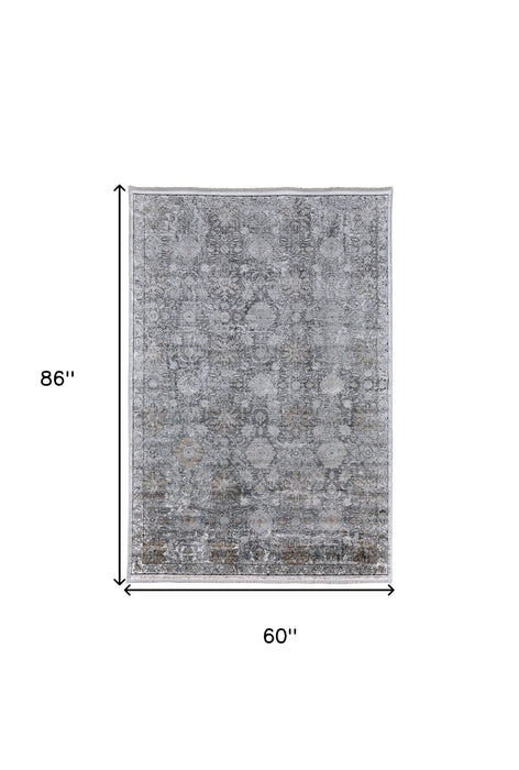 5' x 7' Damask Power Loom Worn Faded Area Rug - Gray And Silver