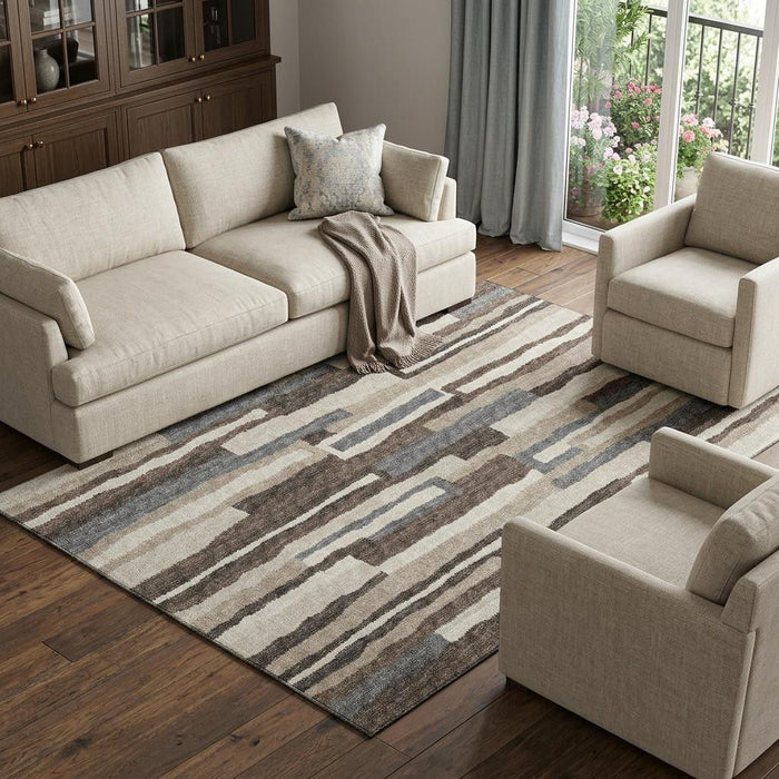 8' X 10' Abstract Distressed Washable Area Rug With UV Protection (644130) - Brown / Ivory / Gray