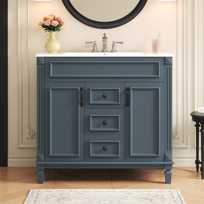 Giga 36-inch blue bathroom vanity with top sink, basin, two soft-closing doors, and two drawers, showcasing modern cabinetry.