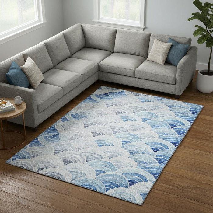 10' X 14' Geometric Washable Area Rug With UV Protection (645810) - Blue / Ivory / Gray