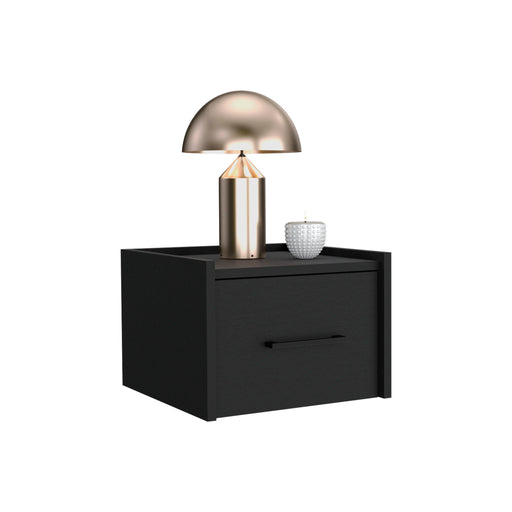 Black Giga floating accent nightstand with a handy drawer and surface, showcasing its space-saving, modern design.