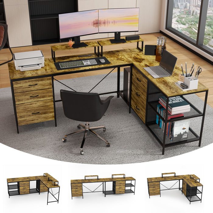 Giga industrial L-shaped brown computer desk with power outlets, USB-C, six fabric drawers, three open shelves, and movable monitor stands.