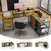 Giga industrial L-shaped brown computer desk with power outlets, USB-C, six fabric drawers, three open shelves, and movable monitor stands.