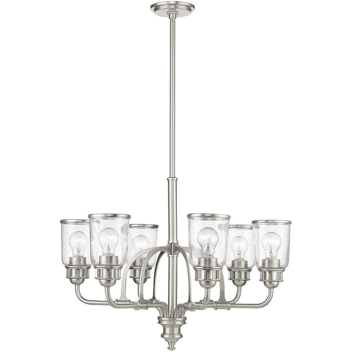 HomeRoots 27-inch six light metal chandelier with dimmable feature, clear shades, and nickel finish, stylish lighting for modern interiors.