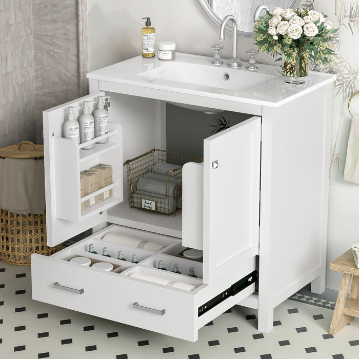 Giga bathroom vanity with single undermount sink, solid wood frame, two doors, a drawer, soft-close, multifunctional storage.