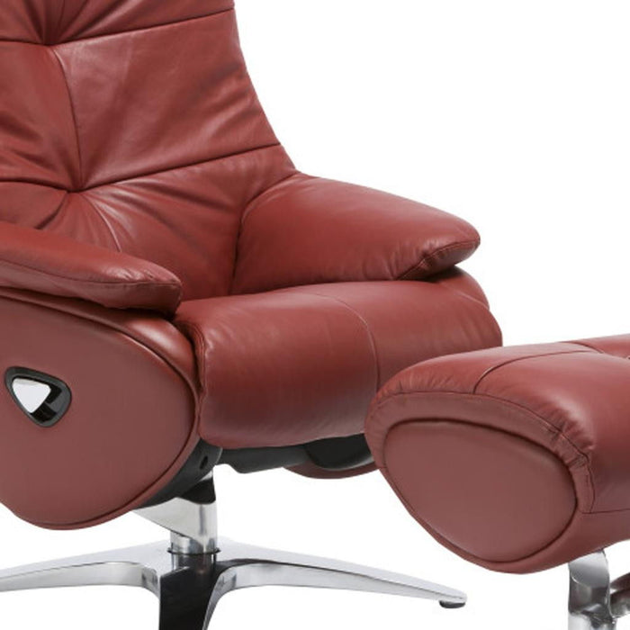 Red tufted genuine leather HomeRoots swivel recliner with matching ottoman, featuring manual reclining and plush cushioning.