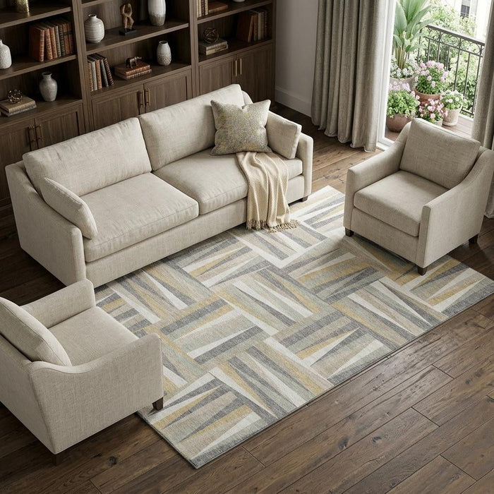 10' X 14' Geometric Washable Area Rug With UV Protection (679396) - Beige / Ivory / Gold