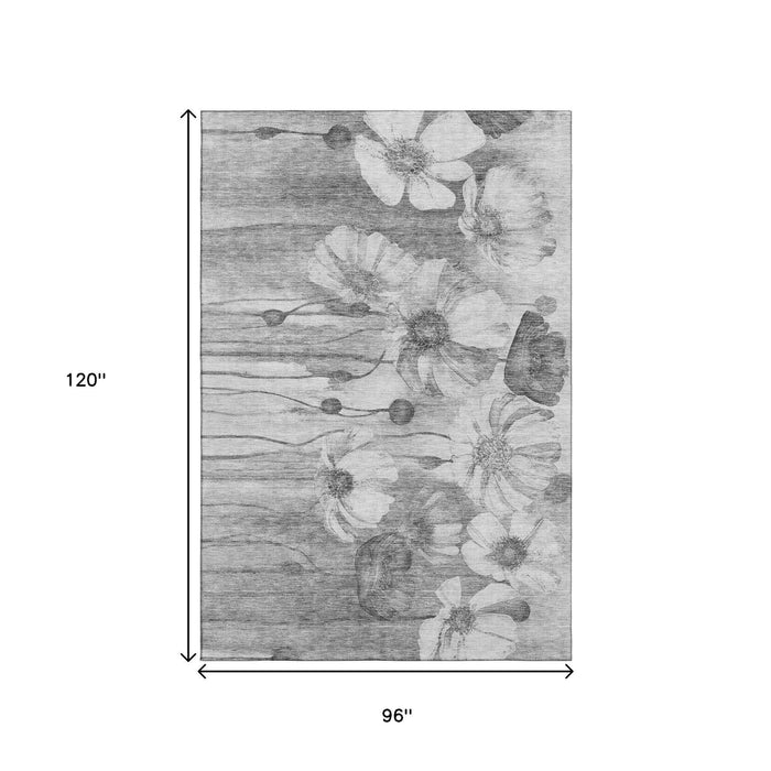 8' X 10' Floral Washable Area Rug With UV Protection (657303) - Gray / Silver