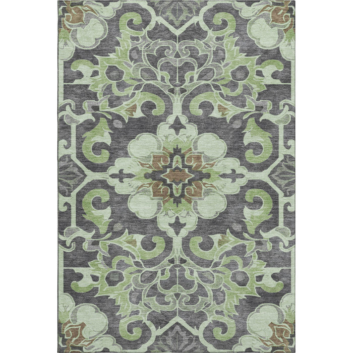 10' X 14' Floral Medallion Washable Area Rug With UV Protection (709054) - Artichoke Green / Charcoal / Gray