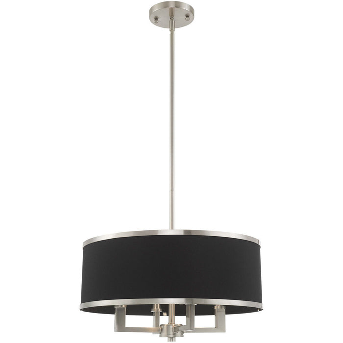18-inch four-light dimmable chandelier with shades in nickel and pearl silver finish, modern HomeRoots chandelier for elegant lighting.