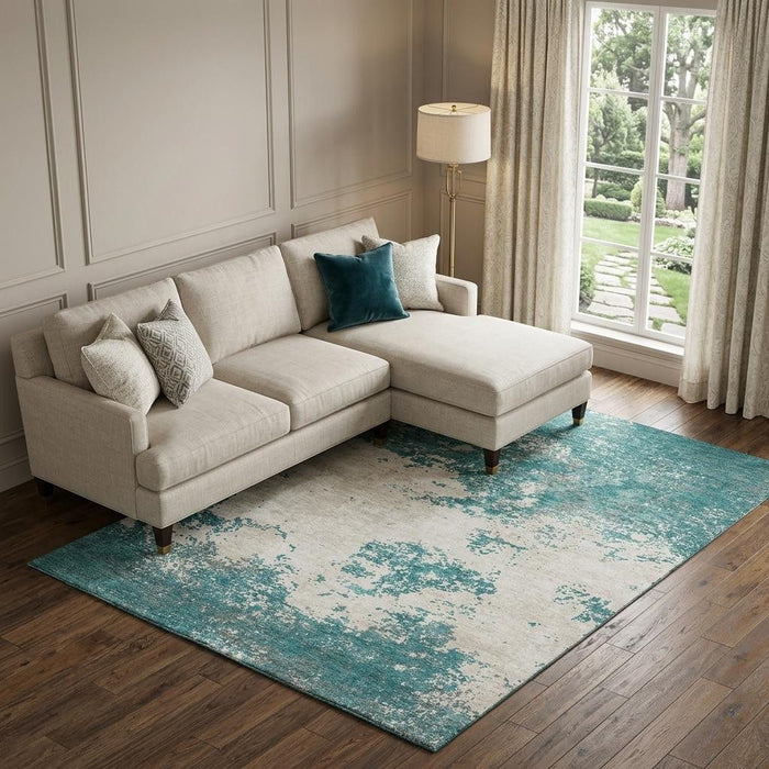 10' X 14' Abstract Washable Area Rug With UV Protection (680675) - Teal / Ivory