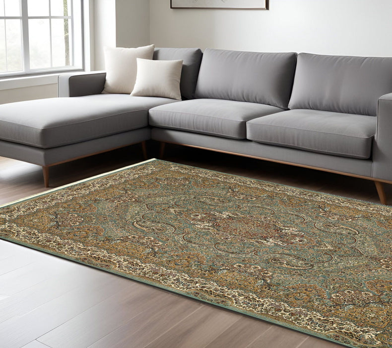 8' X 11' Medallion Area Rug With Fringe - Blue And Gold