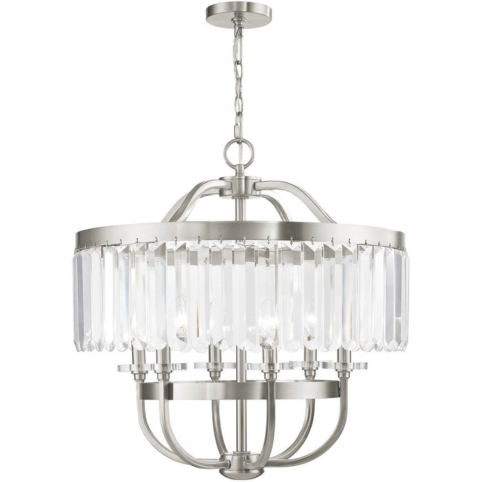 HomeRoots 25-inch six light metal chandelier with clear shades and dimmable feature in nickel finish, hanging with illuminated bulbs.