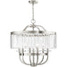 HomeRoots 25-inch six light metal chandelier with clear shades and dimmable feature in nickel finish, hanging with illuminated bulbs.