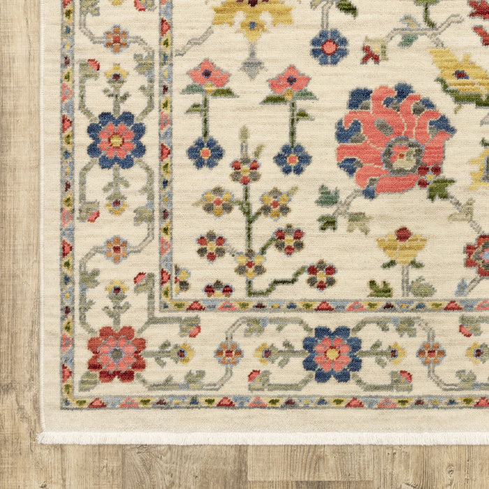5' x 8' Oriental Power Loom Stain Resistant Area Rug With Fringe - Ivory Salmon Pink Gold Blues Gray Rust And Green