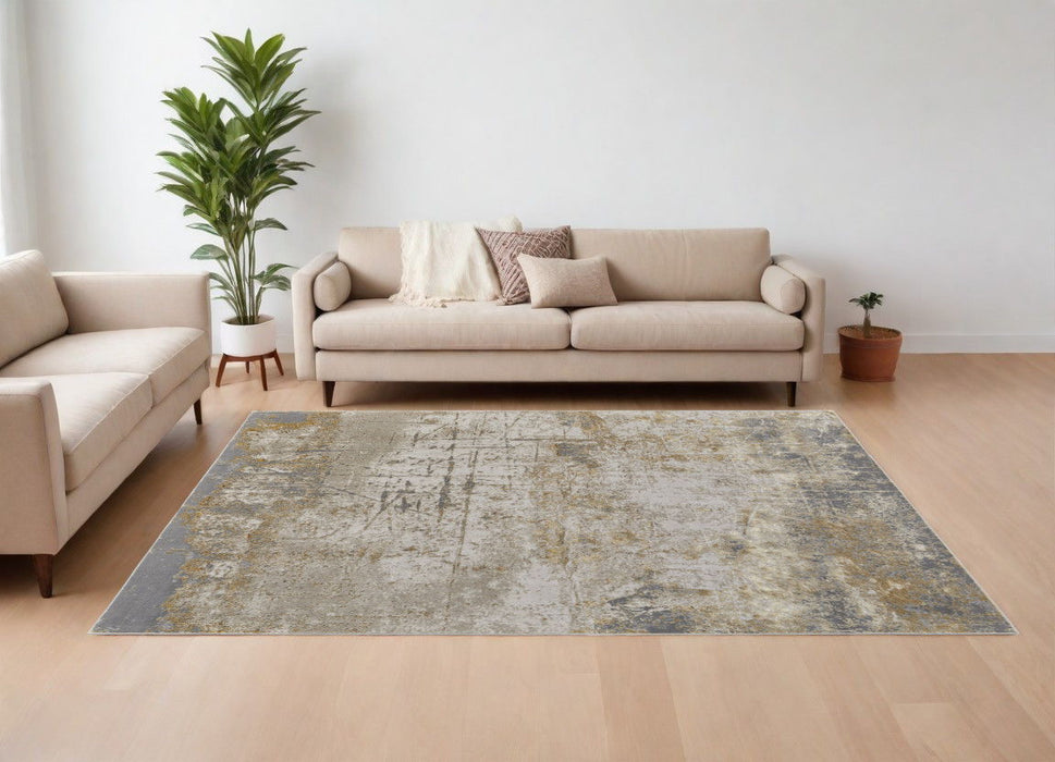 9' x 12' Abstract Power Loom Worn Faded Area Rug - Ivory Gray And Brown