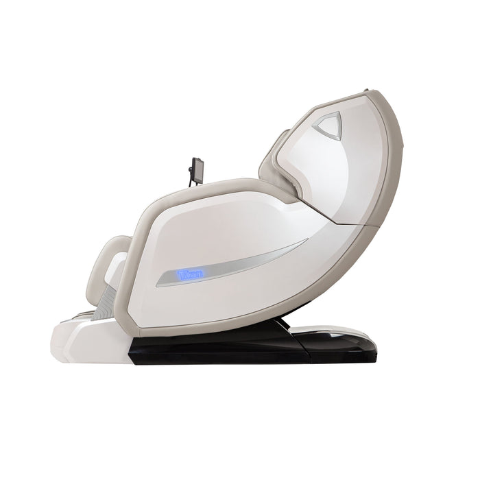 Giga Titan 4D Advent massage chair in taupe with intelligent control panel and padded armrests, designed for full-body relaxation.