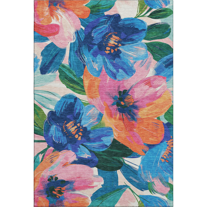 10' X 14' Floral Washable Area Rug With UV Protection (693990) - Navy Blue / Orange / Pink