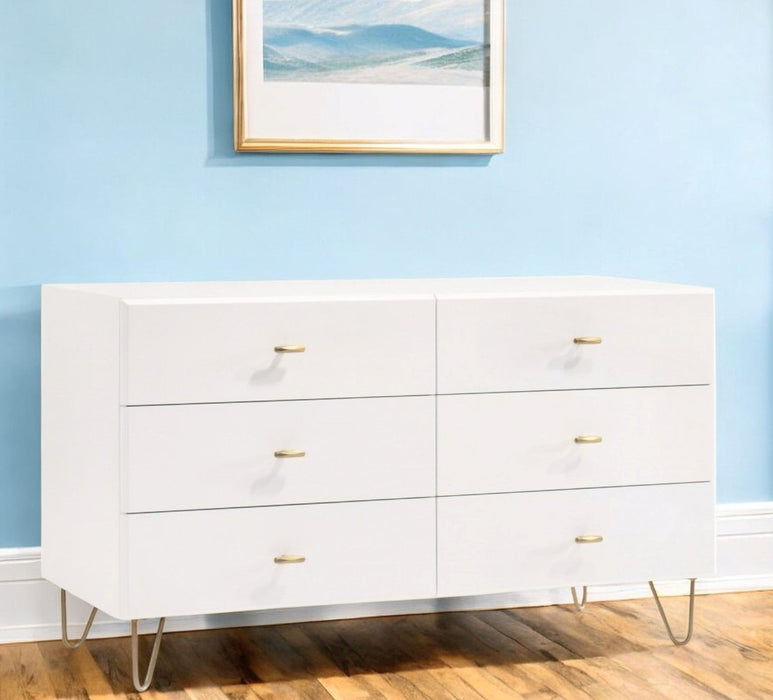 Six Drawer Wood Double Dresser - White