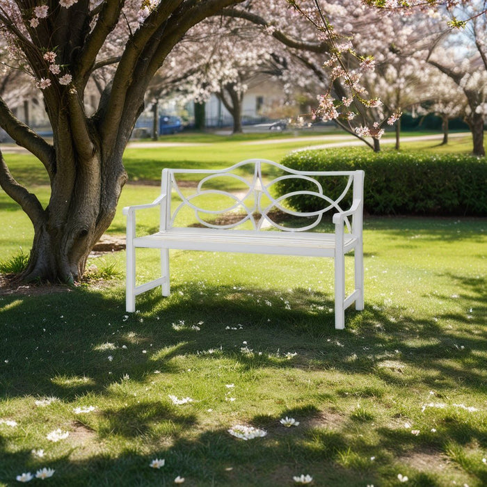 White Giga outdoor garden patio bench with slatted seat, backrest, and armrests, accommodates 2-3 people for yard or porch use.