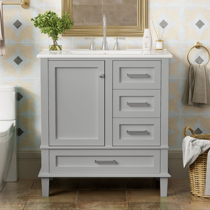 Modern Giga bathroom vanity with sink, soft-closing door, three drawers, and solid wood frame for stylish bathroom storage.