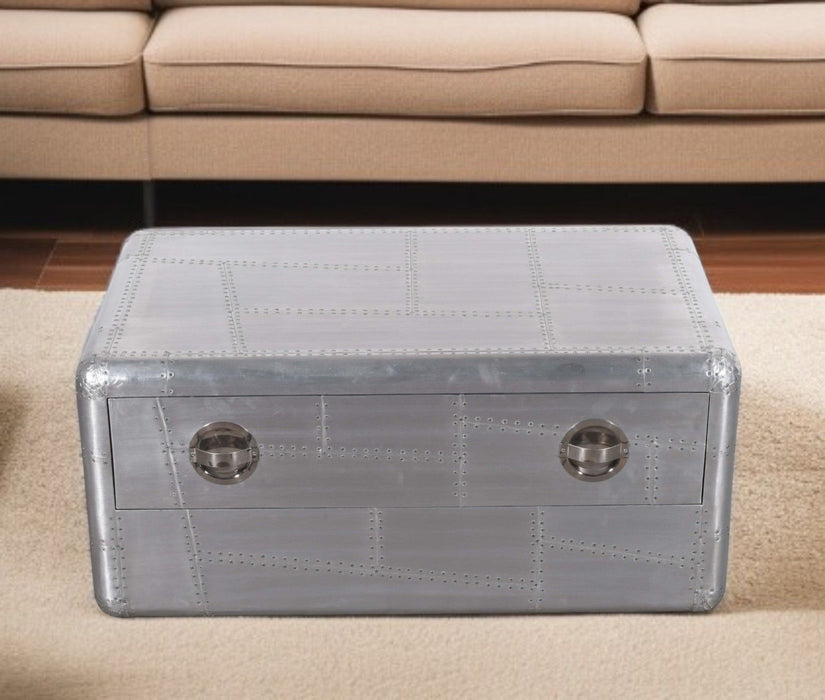 40" Aluminum Aviation Style Coffee Table With Drawer - Silver