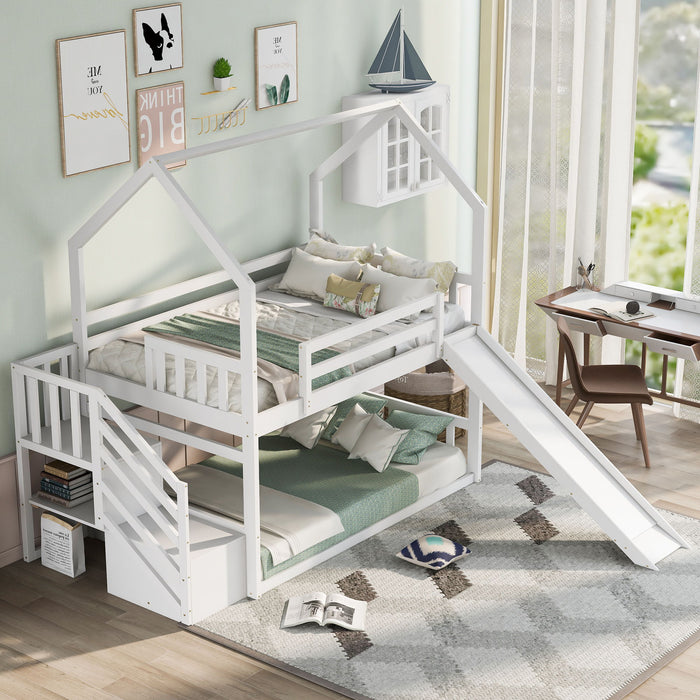 Giga twin over twin bunk bed with convertible slide, storage staircase, and space-saving design for kids' bedroom.